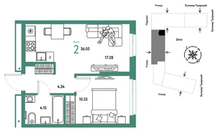 Планировка 2-комн. квартира, 36.05 м² ЖК «Микрорайон Домашний»