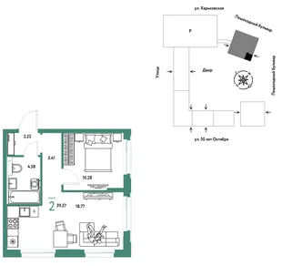 Планировка 2-комн. квартира, 39.27 м² ЖК «Сердце Сибири»