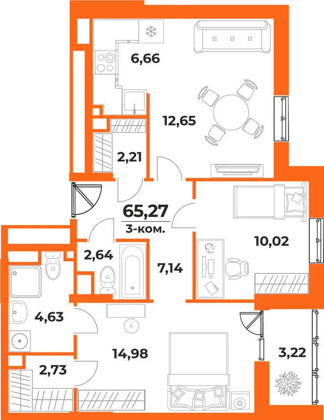 Планировка 3-комн. квартира, 65.27 м² ЖК «Живописный сад» Планировка 3-комн. квартира, 65.27 м² ЖК «Живописный сад»