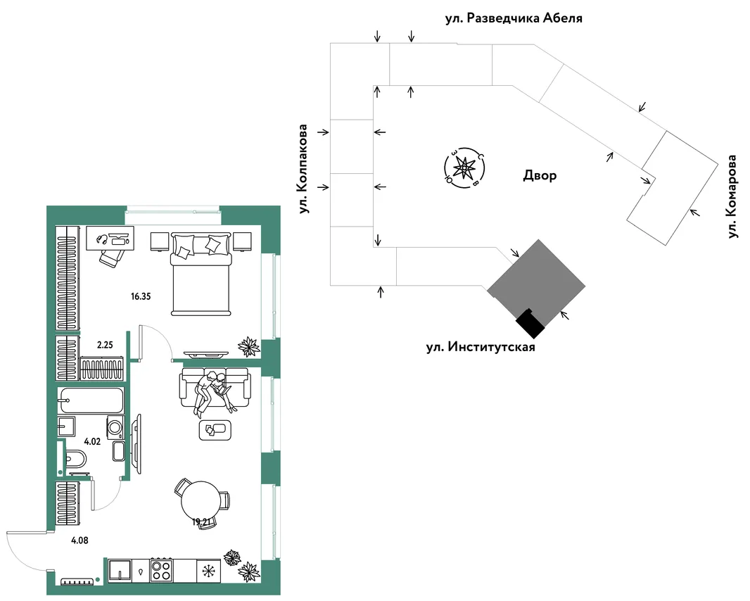 Планировка 2-комн. квартира, 45.91 м² ЖК «Страна.Парковая»