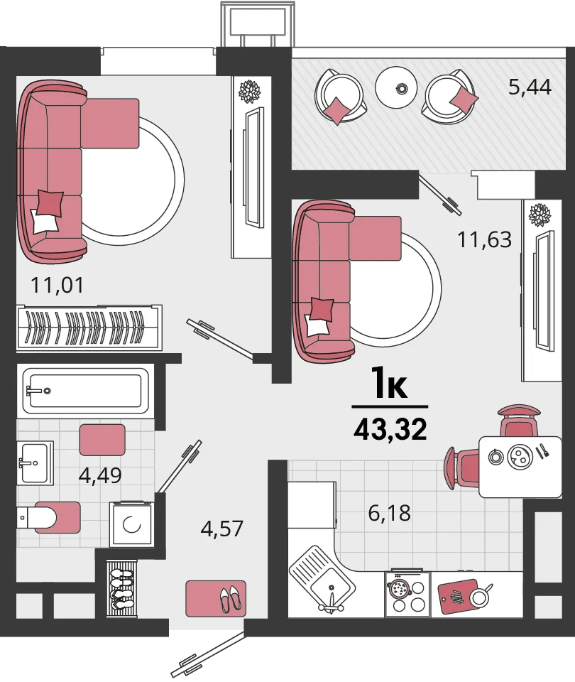 Планировка 2-комн. квартира, 43.32 м² ЖК «Родные просторы»