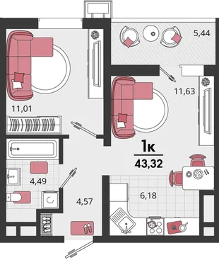 Планировка 2-комн. квартира, 43.32 м² ЖК «Родные просторы»