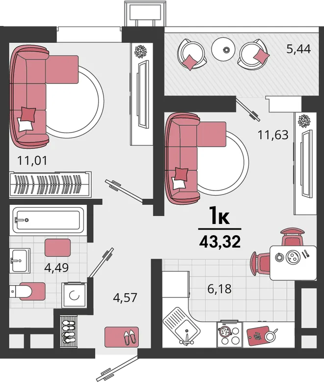 Планировка 2-комн. квартира, 43.32 м² ЖК «Родные просторы» Планировка 2-комн. квартира, 43.32 м² ЖК «Родные просторы»