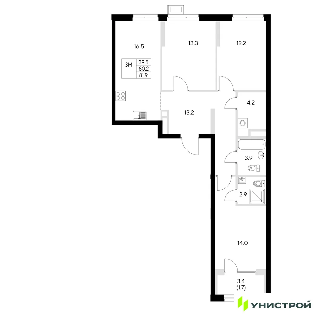 Планировка 3-комн. квартира, 81.9 м² ЖК «Стадиум»