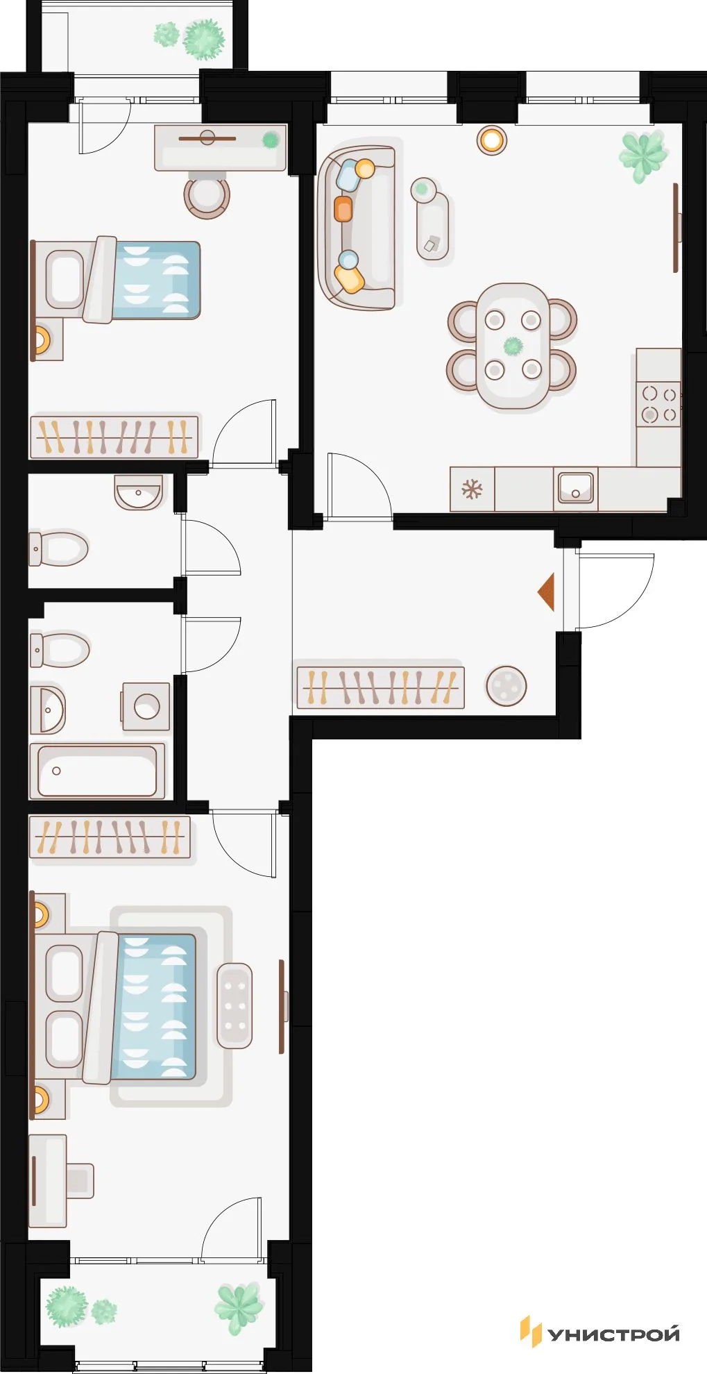 Планировка 2-комн. квартира, 74.17 м² ЖК «Жилой кластер Q на Кулагина»