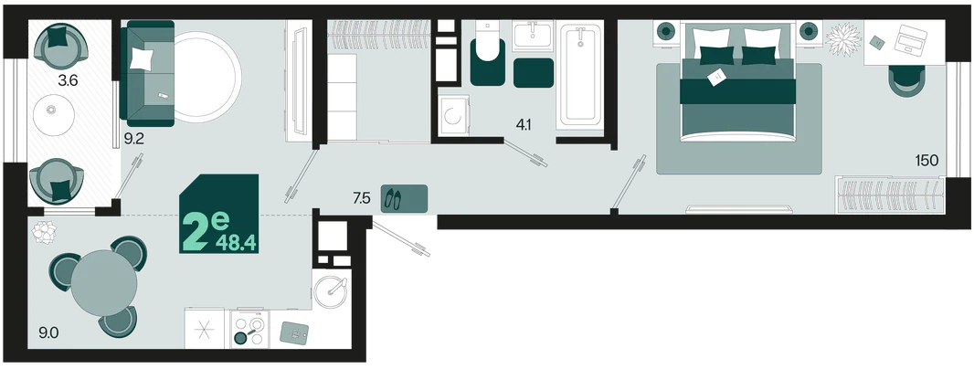 Планировка 2-комн. квартира, 48.4 м² ЖК «Первое место»