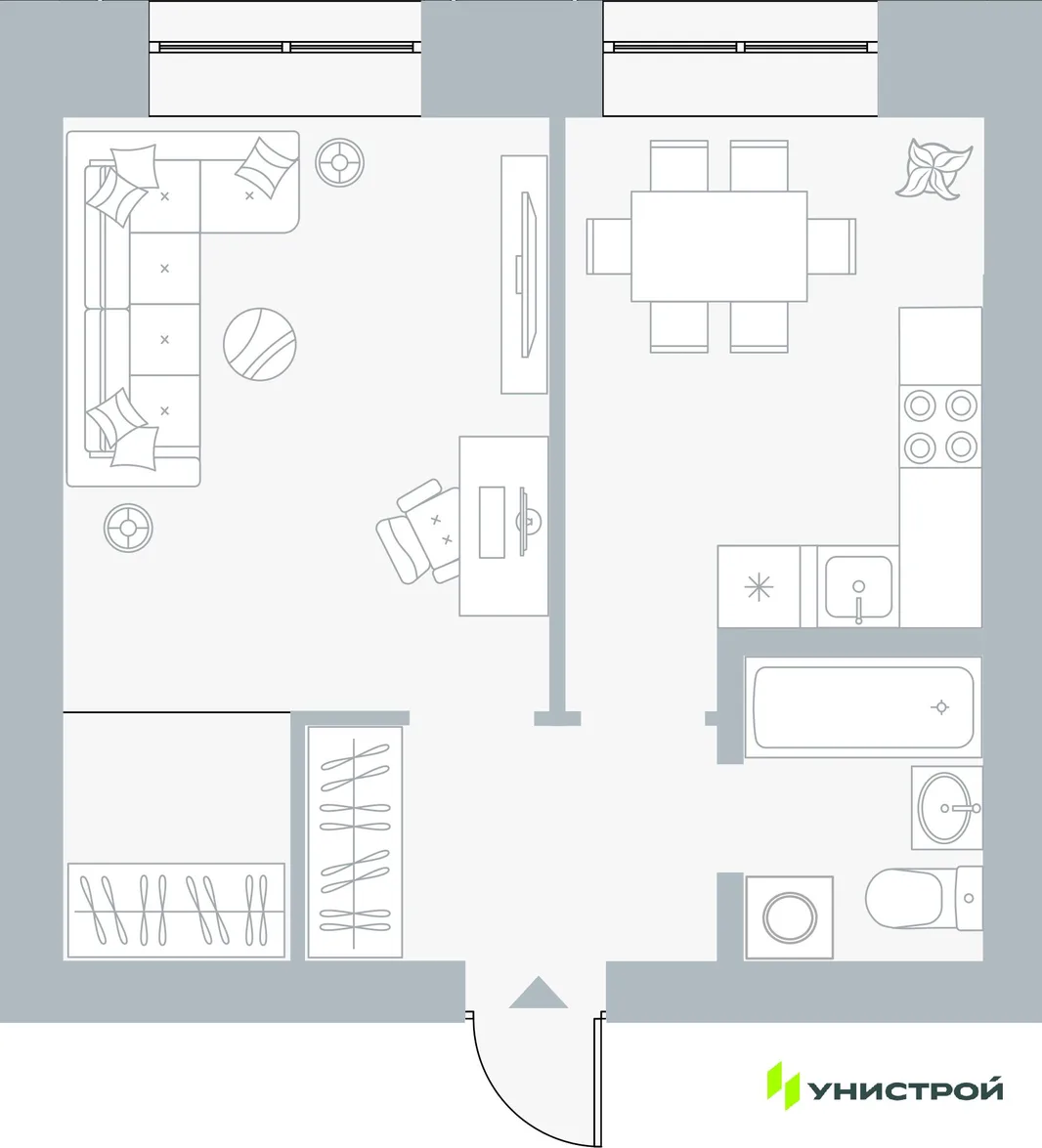 Планировка 1-комн. квартира, 38.18 м² ЖК «Причал»