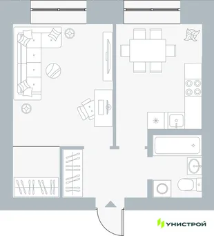 Планировка 1-комн. квартира, 38.18 м² ЖК «Причал»
