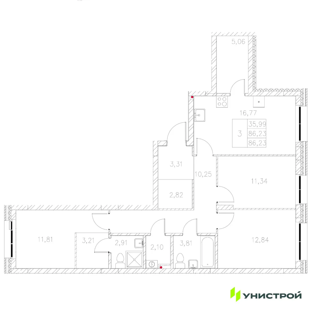 Планировка 3-комн. квартира, 86.23 м² ЖК «Statum»