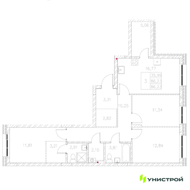 Планировка 3-комн. квартира, 86.23 м² ЖК «Statum» Планировка 3-комн. квартира, 86.23 м² ЖК «Statum»