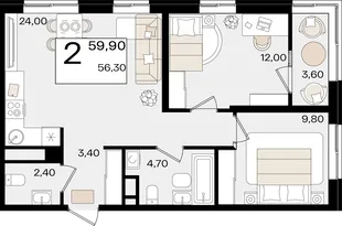 Планировка 2-комн. квартира, 59.9 м² ЖК «Патрики»