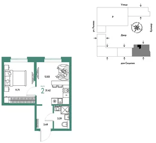 Планировка 2-комн. квартира, 31.42 м² ЖК «Остров-сад»