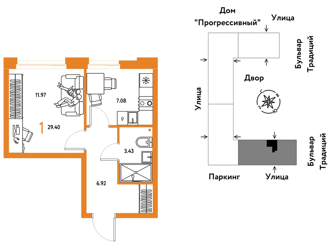 Планировка 1-комн. квартира, 29.4 м² ЖК «Микрорайон Домашний»