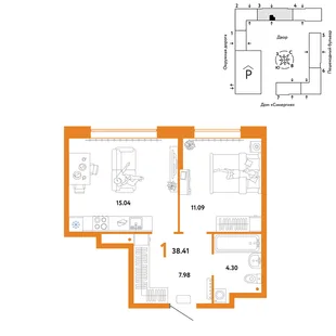 Планировка 1-комн. квартира, 38.41 м² ЖК «Юнион»