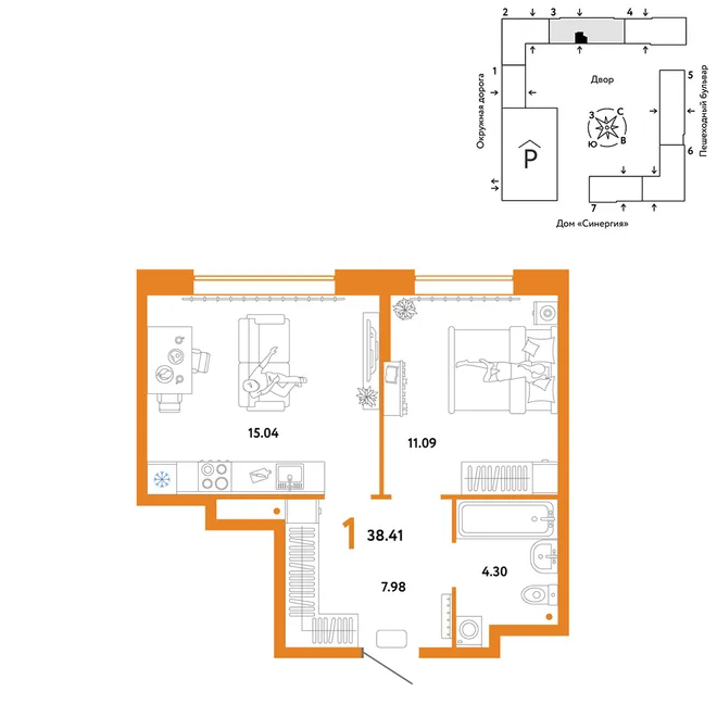 Планировка 1-комн. квартира, 38.41 м² ЖК «Юнион» Планировка 1-комн. квартира, 38.41 м² ЖК «Юнион»