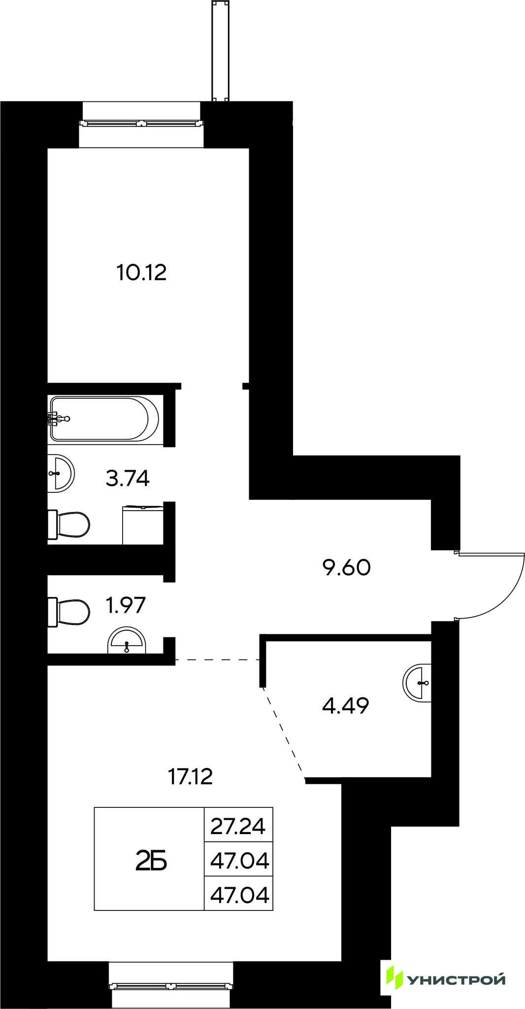 Планировка 2-комн. квартира, 47.04 м² ЖК «Царёво City»