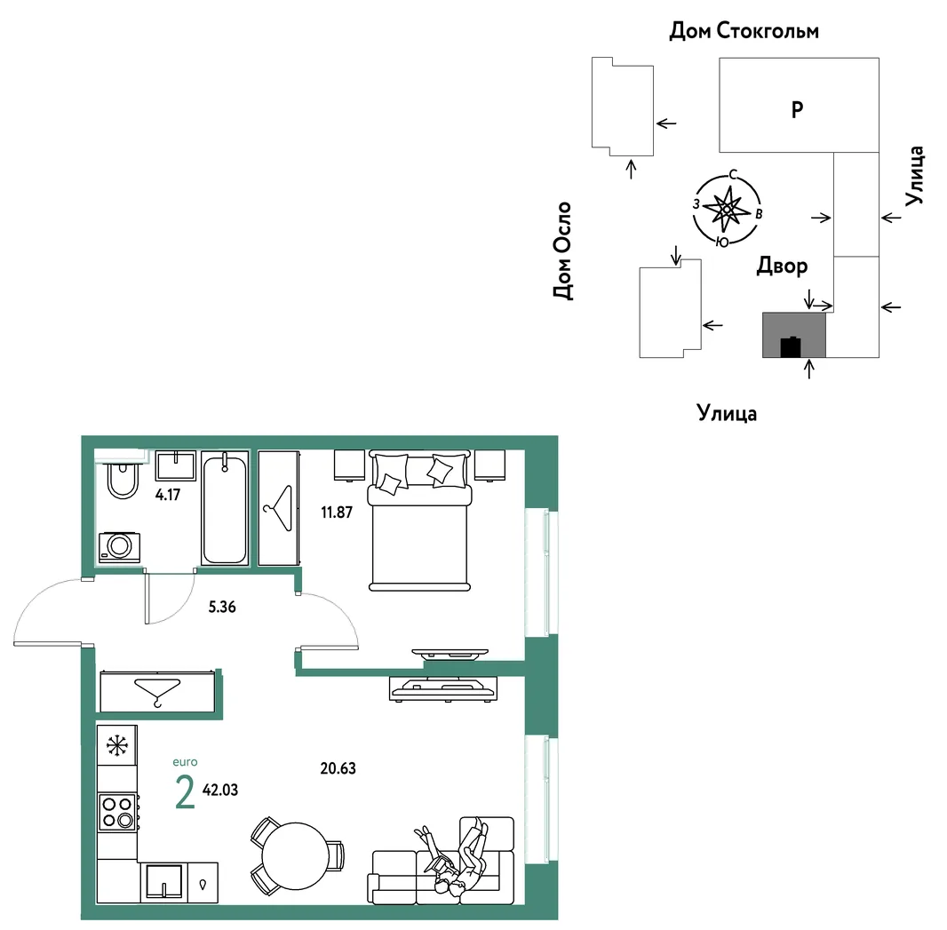 Планировка 2-комн. квартира, 42.03 м² ЖК «Европейский берег 2.0»