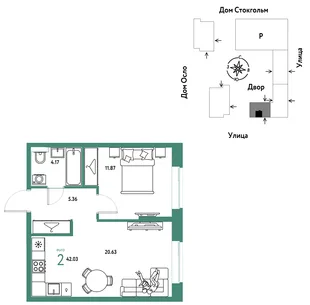Планировка 2-комн. квартира, 42.03 м² ЖК «Европейский берег 2.0»