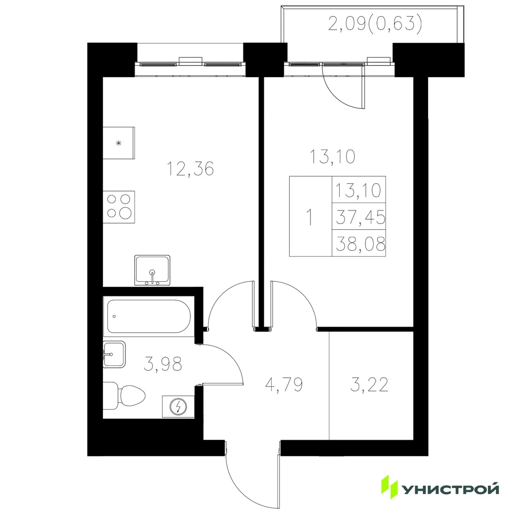 Планировка 1-комн. квартира, 38.08 м² ЖК «Statum»