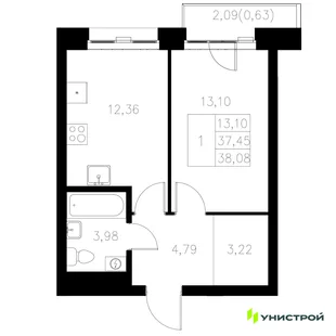 Планировка 1-комн. квартира, 38.08 м² ЖК «Statum»