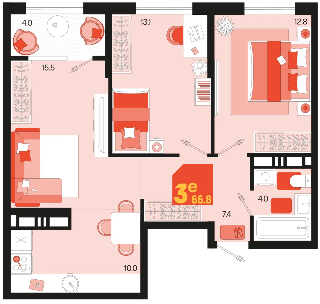 Планировка 3-комн. квартира, 66.8 м² ЖК «Первое место»