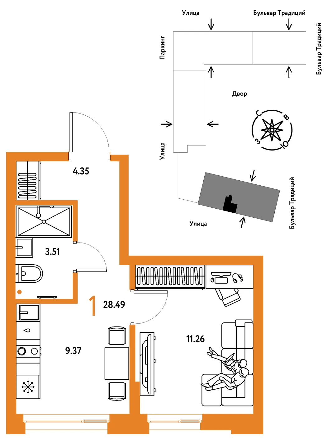 Планировка 1-комн. квартира, 28.49 м² ЖК «Микрорайон Домашний»