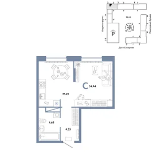 Планировка Студия, 34.44 м² ЖК «Юнион»