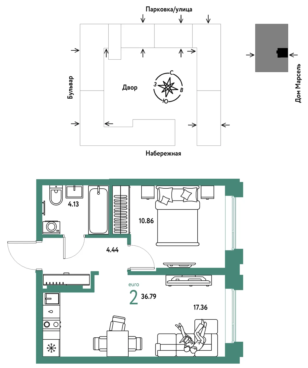 Планировка 2-комн. квартира, 36.79 м² ЖК «Европейский берег 2.0»