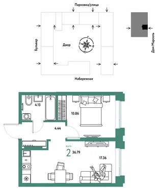 Планировка 2-комн. квартира, 36.79 м² ЖК «Европейский берег 2.0»