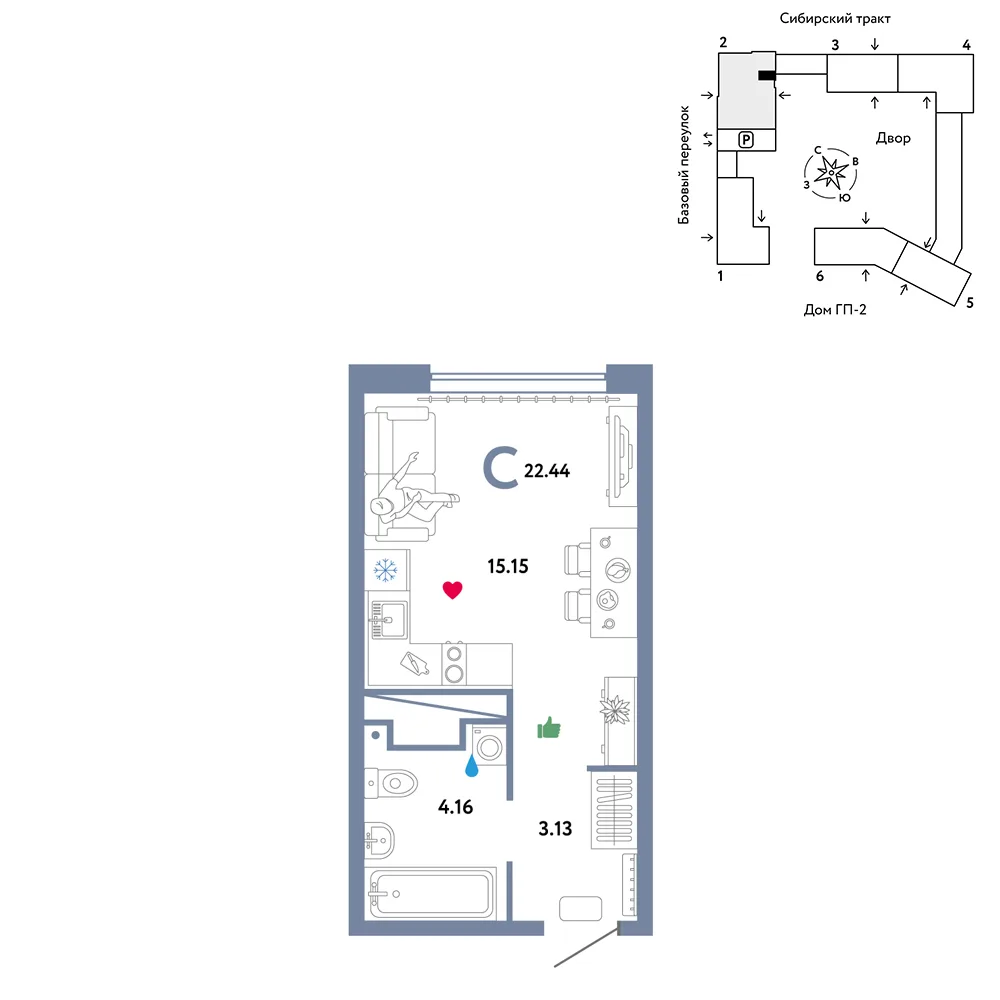 Планировка Студия, 22.44 м² ЖК «Сибирский сад»