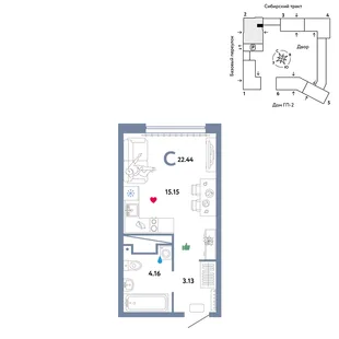Планировка Студия, 22.44 м² ЖК «Сибирский сад»