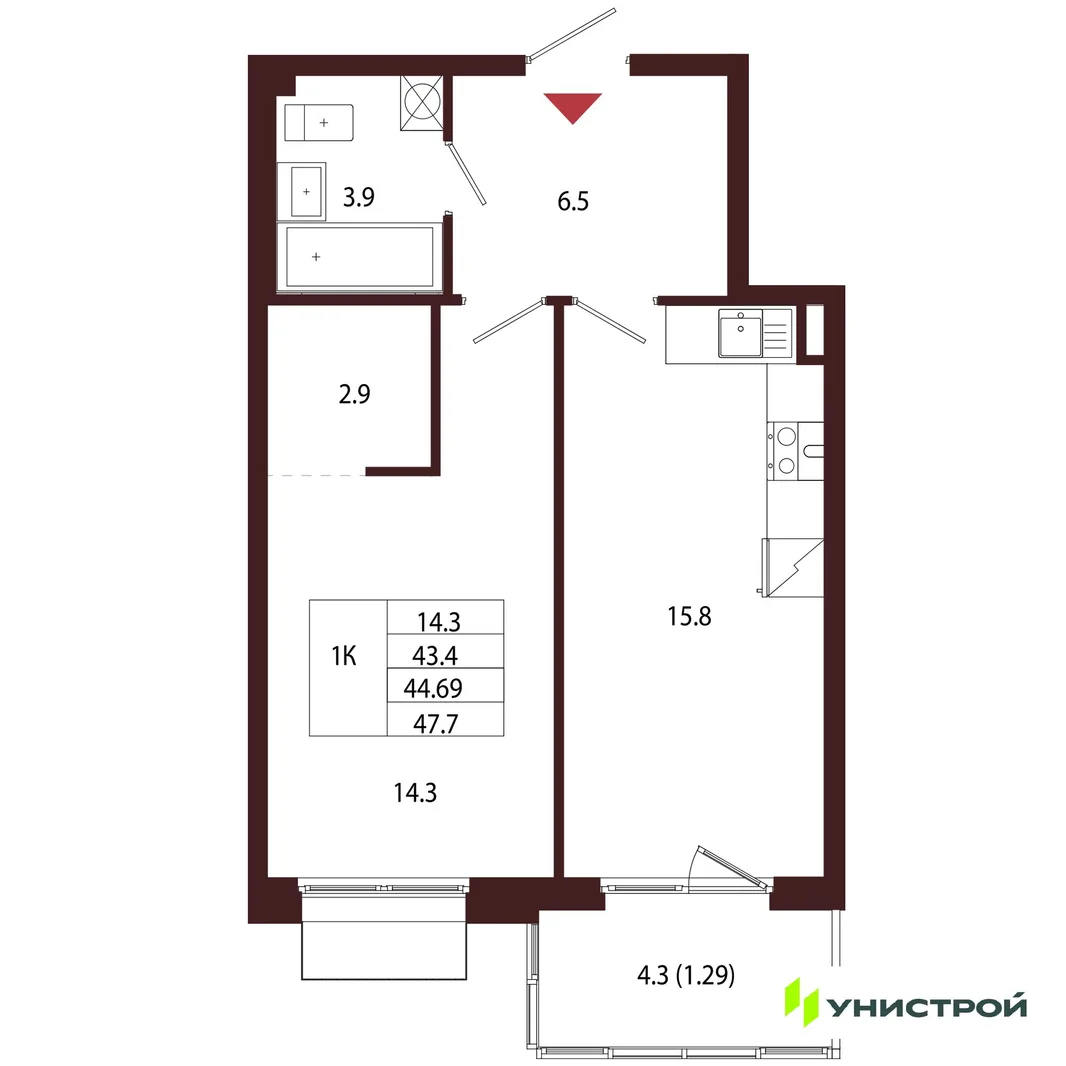 Планировка 1-комн. квартира, 44.69 м² ЖК «Лисино»