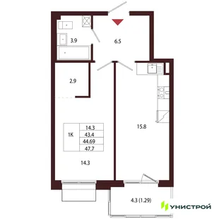 Планировка 1-комн. квартира, 44.69 м² ЖК «Лисино»
