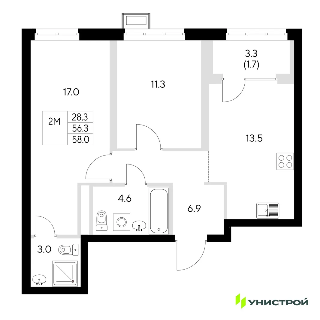 Планировка 2-комн. квартира, 58 м² ЖК «Стадиум»