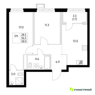 Планировка 2-комн. квартира, 58 м² ЖК «Стадиум»