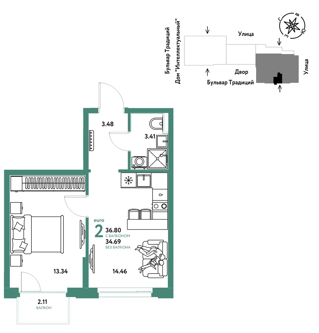 Планировка 2-комн. квартира, 36.8 м² ЖК «Микрорайон Домашний»