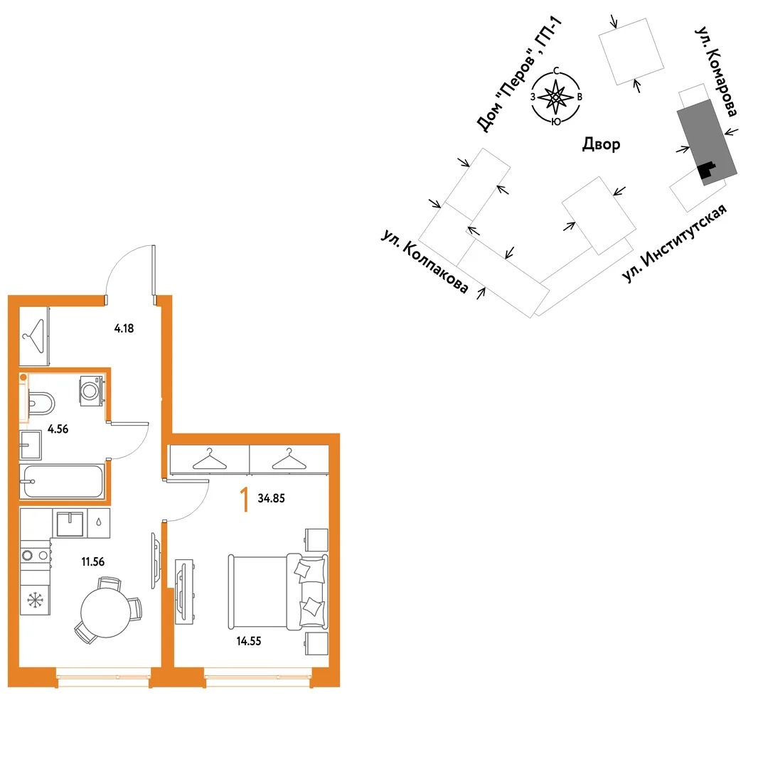 Планировка 1-комн. квартира, 34.85 м² ЖК «Страна.Парковая»