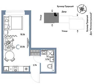 Планировка Студия, 25.06 м² ЖК «Микрорайон Домашний»
