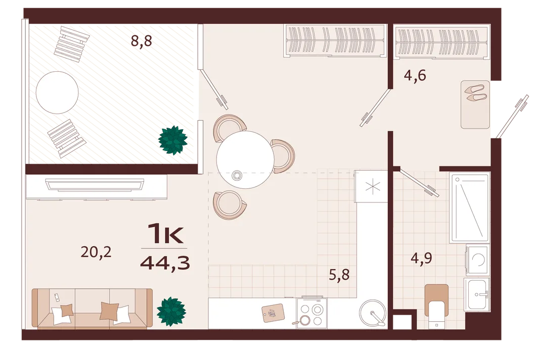 Планировка 1-комн. квартира, 44.3 м² ЖК «Роялта»
