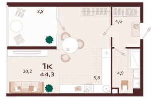 Планировка 1-комн. квартира, 44.3 м² ЖК «Роялта»