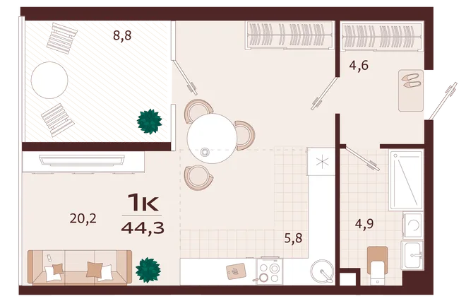 Планировка 1-комн. квартира, 44.3 м² ЖК «Роялта» Планировка 1-комн. квартира, 44.3 м² ЖК «Роялта»