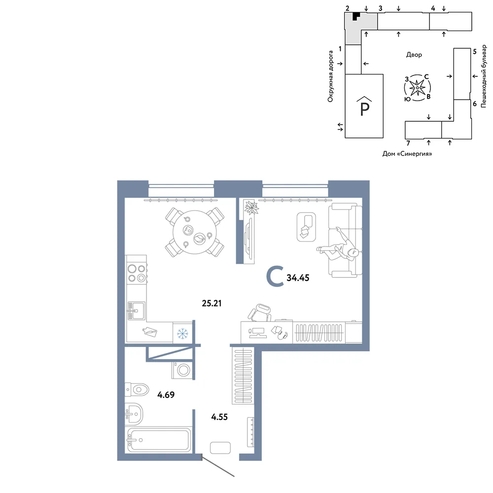 Планировка Студия, 34.45 м² ЖК «Юнион»