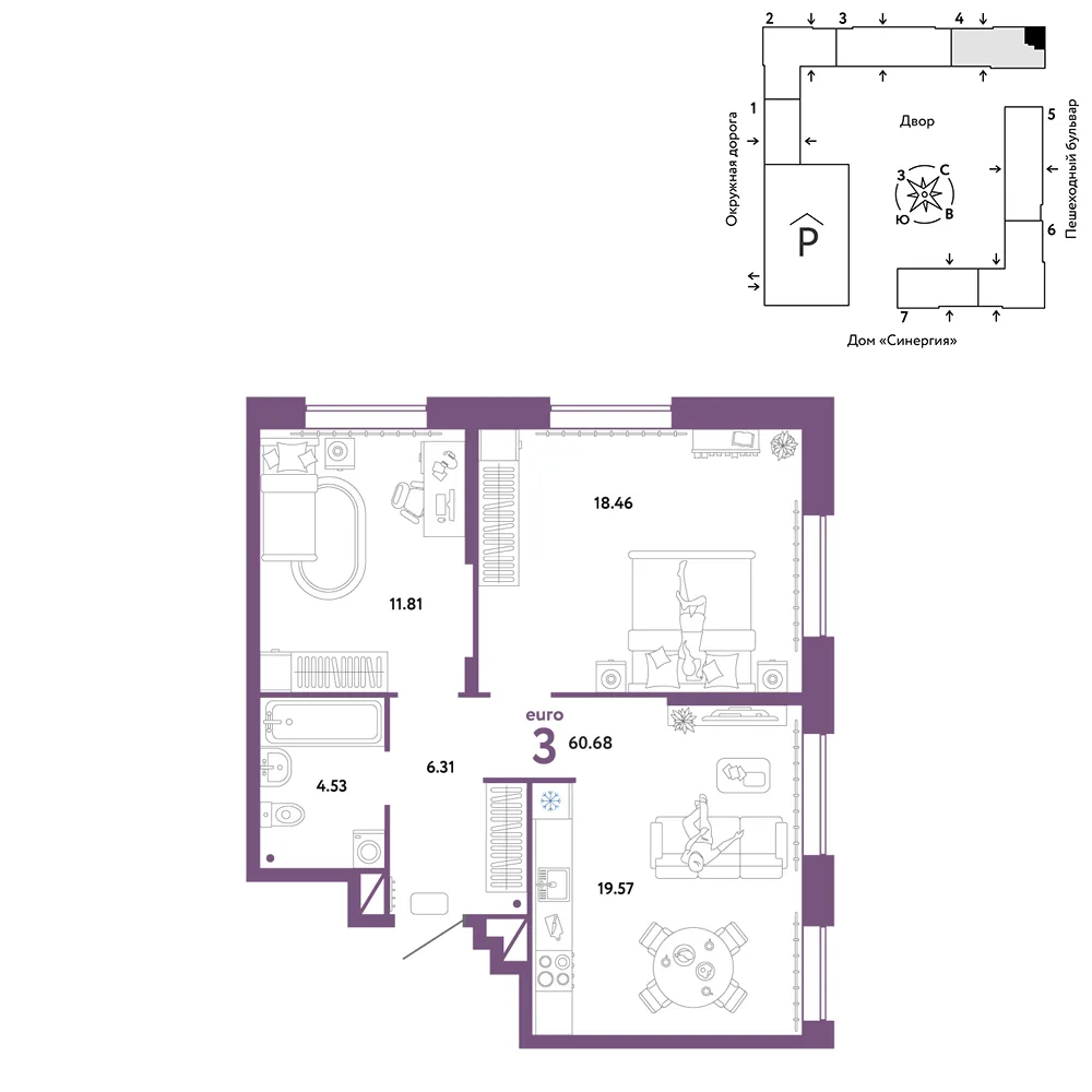 Планировка 3-комн. квартира, 60.68 м² ЖК «Юнион»