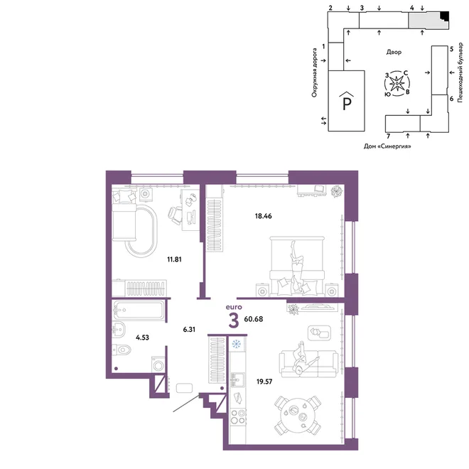 Планировка 3-комн. квартира, 60.68 м² ЖК «Юнион» Планировка 3-комн. квартира, 60.68 м² ЖК «Юнион»