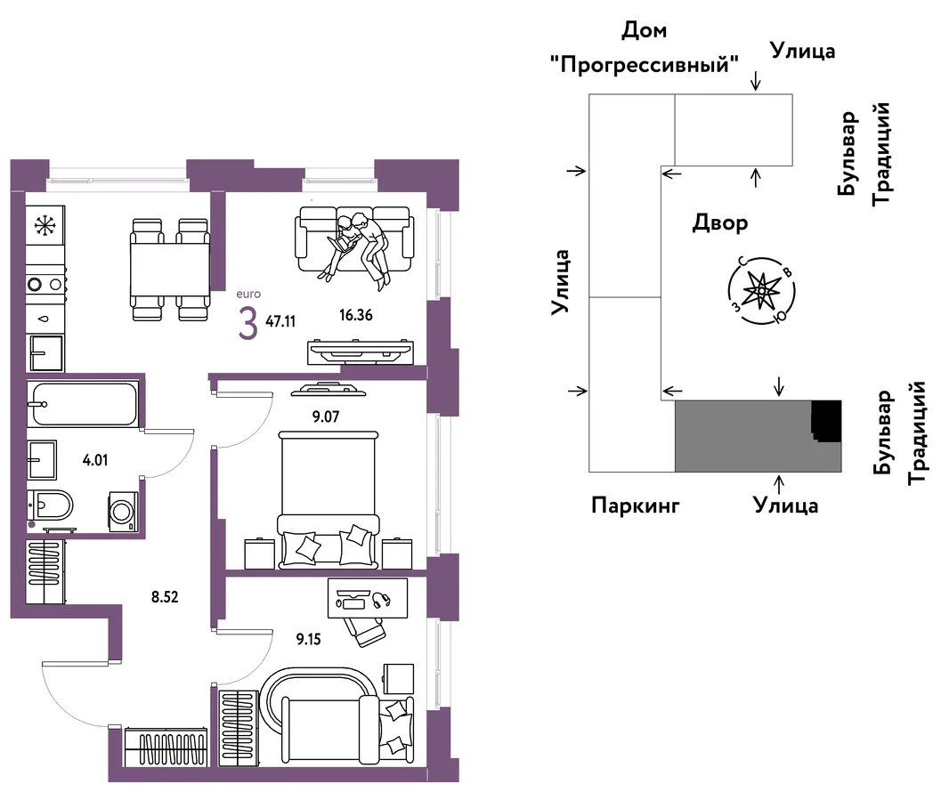 Планировка 3-комн. квартира, 47.11 м² ЖК «Микрорайон Домашний»