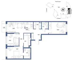 Планировка 4-комн. квартира, 91.54 м² ЖК «Сибирский сад»