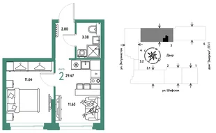 Планировка 2-комн. квартира, 29.47 м² ЖК «Страна.Энтузиастов»