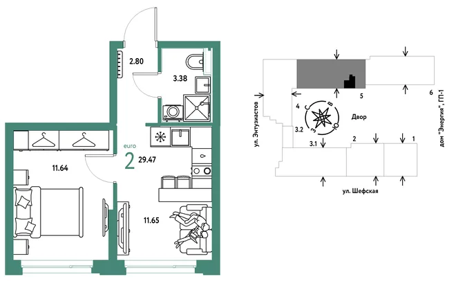 Планировка 2-комн. квартира, 29.47 м² ЖК «Страна.Энтузиастов»