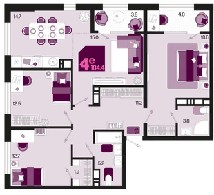 Планировка 4-комн. квартира, 104.4 м² ЖК «Первое место»