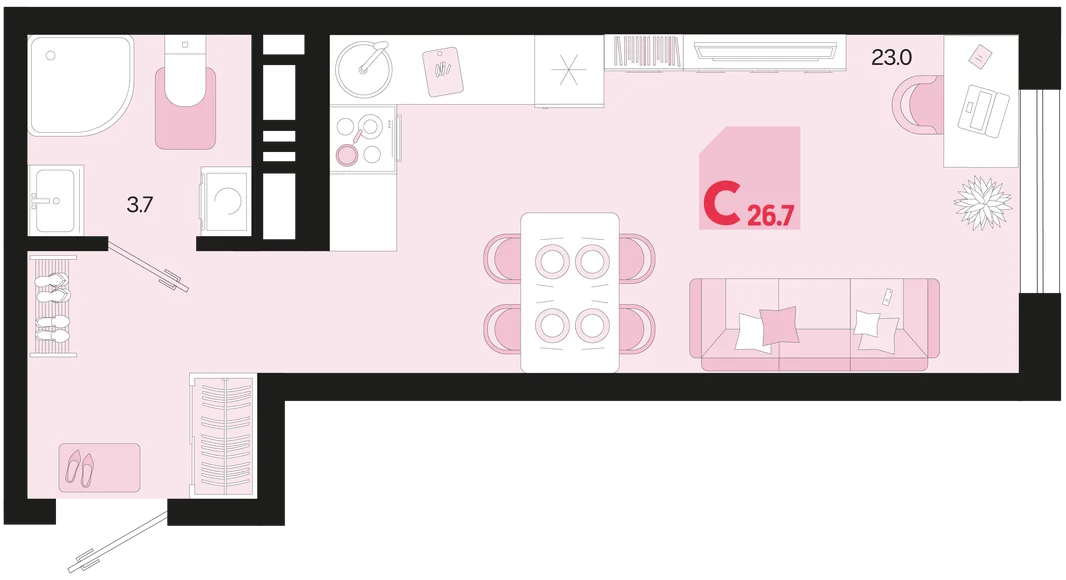 Планировка Студия, 26.7 м² ЖК «Первое место»